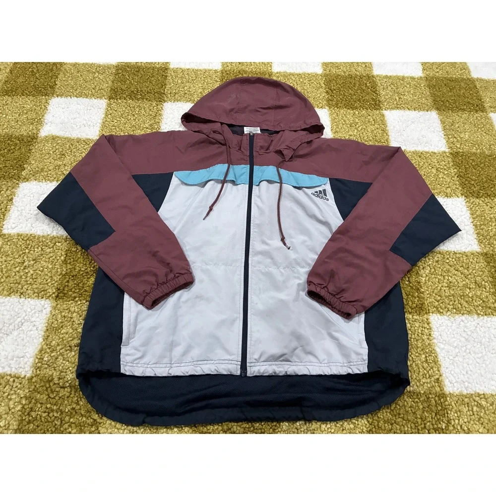 Adidas Colorblock Windbreaker Jacket Mens XL Burgundy Blue White Full Zip Hooded